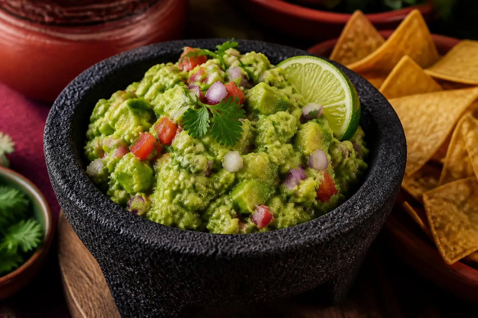 Guacamole in a black stone molcajete with diced tomato, red onion, cilantro and a lime wedge, next to tortilla chips.